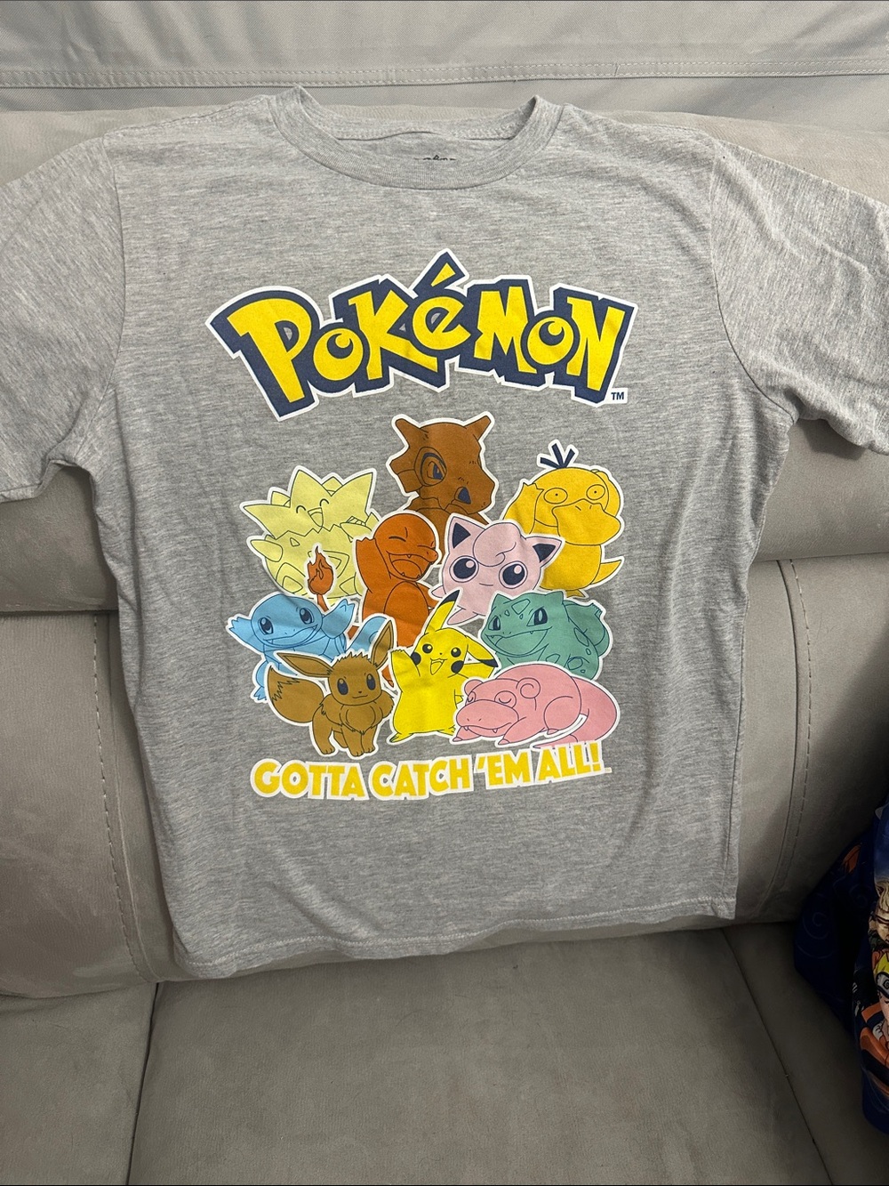 Pokemon Gray Tee with Yellow Logo and Multicolor Characters